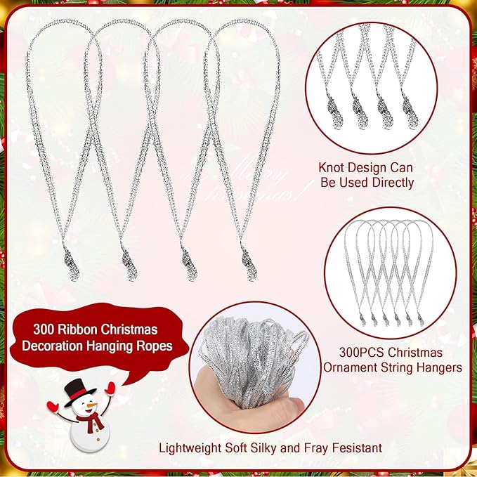JUNEBRUSHS 300Pcs Christmas Ornament Hangers, Hand Tied String Ties Ornament Loops Thin Ribbon for Ornaments Christmas Tree Hanging Decorations (Silver)