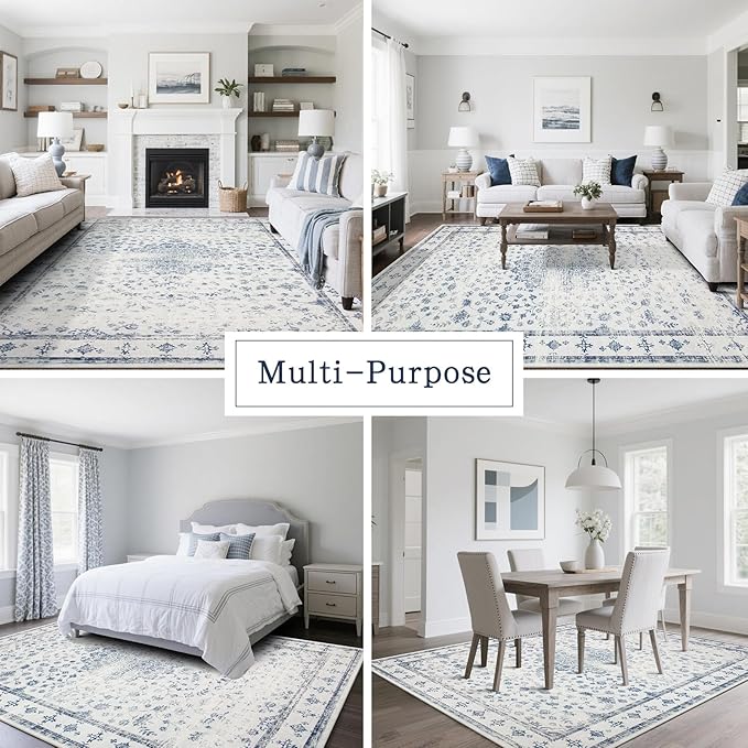 Washable Rugs 8x10 Area Rugs for Living Room,Rugs for Bedroom,Large Carpets,Ultra Soft Faux Wool Retro Dining Room Rug,Non Slip&Non-Shedding Low Pile Vintage Print Rug for Home Office-Blue