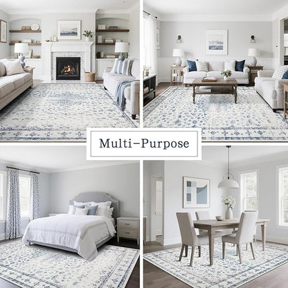 Washable Rugs 8x10 Area Rugs for Living Room,Rugs for Bedroom,Large Carpets,Ultra Soft Faux Wool Retro Dining Room Rug,Non Slip&Non-Shedding Low Pile Vintage Print Rug for Home Office-Blue