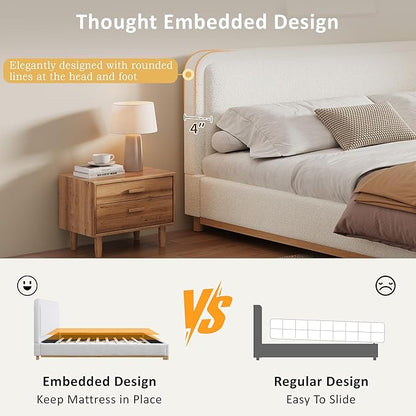 Queen Size Bed Frame, Upholstered Cloud Boucle Platform Beds Frames with Headboard, Anti-Collision Soft Rounded Corners Footboard, No Box Spring Required, Easy Assembly (40" White, Queen)
