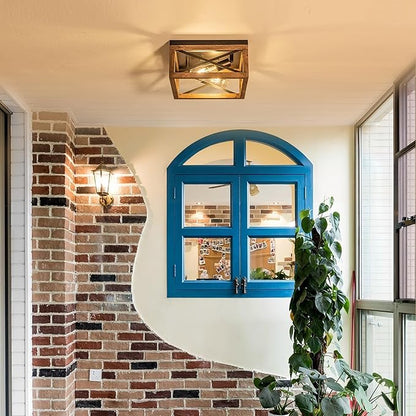 Flush Mount Ceiling Light Fixture for Kitchen Hallway, 2-Light Close to Ceiling Light with Black Metal and Wood Design, Rustic Farmhouse Ceiling (Bulb not Included)