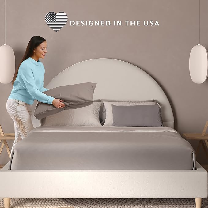 DG Casa Boucle Cloud Bed Frame with Arch Shaped Headboard, Upholstered in Soft Fabric, Platform Solid Wood Legs - Boho or Modern Style - No Box Spring Needed - Queen Size