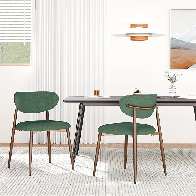 Dining Chairs Set of 2, Upholstered Dining Room Chairs with Metal Legs and Anti Slip Pads, Curved Back Wood Kitchen Chair for Home and Restaurant Use, Green