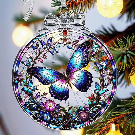 Butterfly Christmas Ornament Stained Glass Butterfly Decorations - Hanging Ornaments for Christmas Tree Xmas Decorations, Holiday Keepsake Present Exchange Ideas
