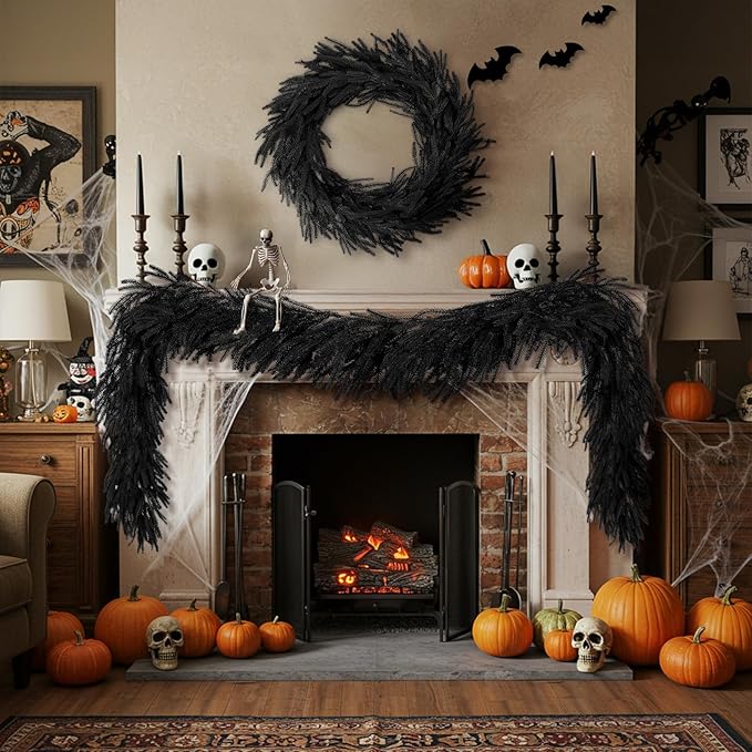 N&T NIETING 5.9FT Black Artificial Norfolk Pine Garland Real Touch Christmas Garlands Faux Garland for Table Mantle Holiday Fireplace Indoor Outdoor Christmas Halloween Decorations