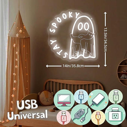 Ghost holding a cat Stay Spooky Neon Sign, Funny Halloween Party Wall Decor, Spooky Season Room Sign for Boo Wall Decor Neon Light for Bar Man Cave Home Yard Decoration Funny Spooky Vibes-White