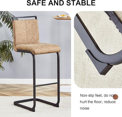 Bar Stools Set of 6, 30" H Counter Height Bar Stools with Footrest, Brown Faux Leather, Black Painted Metal Leg Dining Chair