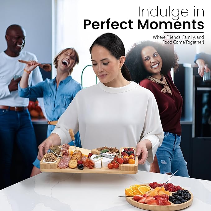 Charcuterie Board Gift Set - Bamboo Cheese Board & Serving Tray for Meat, Cheese, Crackers, and Fruit - Large Wooden Charcuterie Boards for Parties - Wedding, Housewarming, for Women
