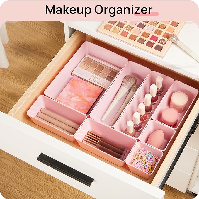 Vtopmart 25 PCS Plastic Drawer Organizers Set, 4-Size Versatile Bathroom and Vanity Drawer Organizer, Storage Bins for Makeup, Bedroom, Kitchen Gadgets Utensils and Office