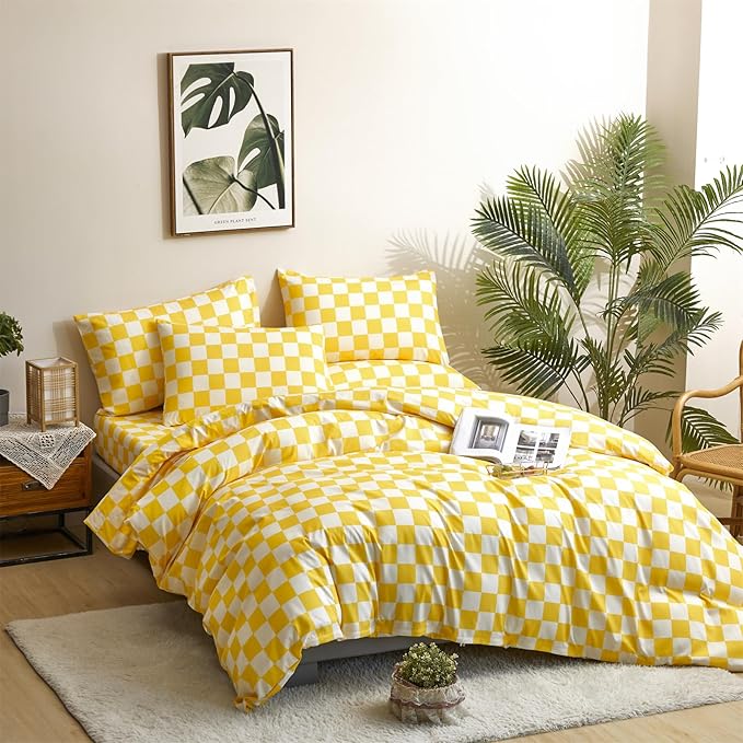 CLOTHKNOW Yellow Plaid Full Comforter Set 3Pcs Grid Bedding Comforter Sets Yellow White Comforter Full Soft Light Yellow Full Size Comforter Sets