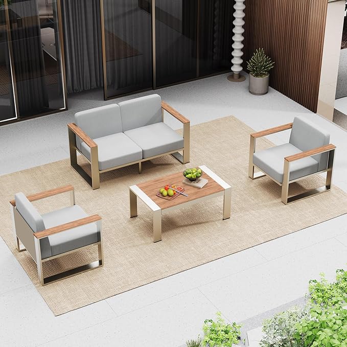 Outdoor Furniture Set, 4 Piece Aluminum Patio Furniture Set with Wide Outdoor Seating and Thick Cushions, Modern Outdoor Patio Conversation Sets for Deck, Porch (Teak-Gray)