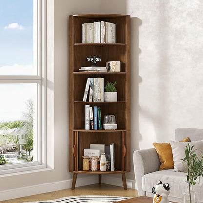 5-Tier Corner Shelf, 66.73''Tall Modern Corner Bookshelf, 5 Shelf Bookcase with 2 Fluted Doors, Freestanding Wood Corner Display Storage Shelf Organizer for Living Room, Office (Walnut)