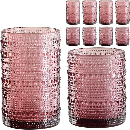 Vintage Hobnail Drinking Glasses Set of 8,Purple 12 oz & 15oz Highball Glass Cups, Kitchen Drinkware Glassware