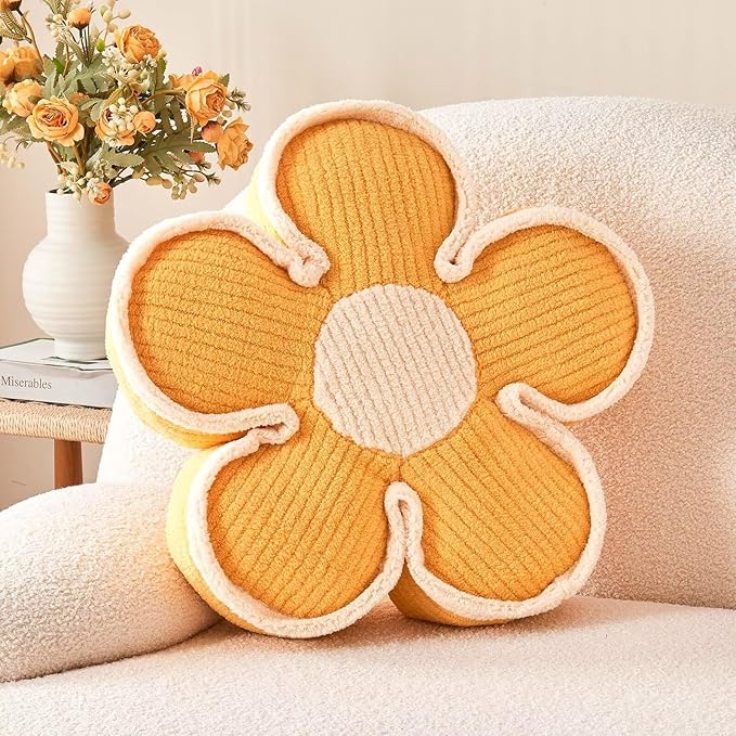 Flower Shaped Floor Cushion, Soft Decorative Throw Pillow, Cute Seating Cushion, Plush Pillows for Sofa Couch Bed (17.7 Inch, Yellow)