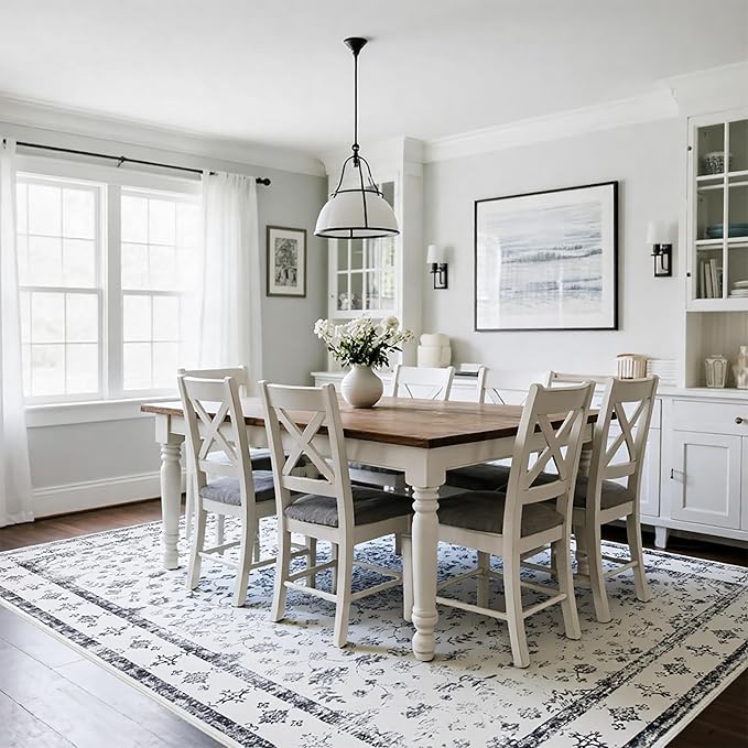 Washable Rugs 8x10 Area Rugs for Living Room,Rugs for Bedroom,Large Carpets,Ultra Soft Faux Wool Retro Dining Room Rug,Non Slip&Non-Shedding Low Pile Vintage Print Rug for Home Office-Grey