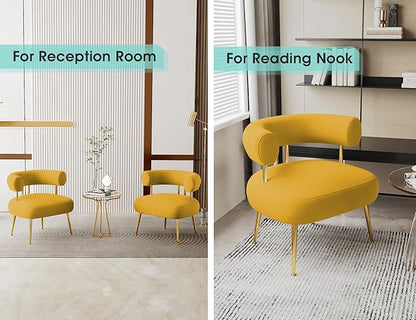 Modern Velvet Accent Chair, Round Upholstered Barrel Armchair for Small Spaces, Fluffy Side Corner Chair for Living Room, Bedroom(Yellow)
