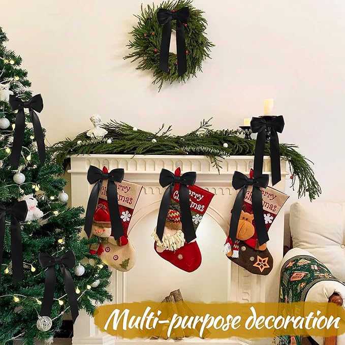 AYGXU 24pcs Christmas Bows Decor,premade Black Ribbon Bows for Christmas Tree Decorations,Double-Sided Ribbon Bow,Bows for Gift Wrapping,Bag Ties Twists