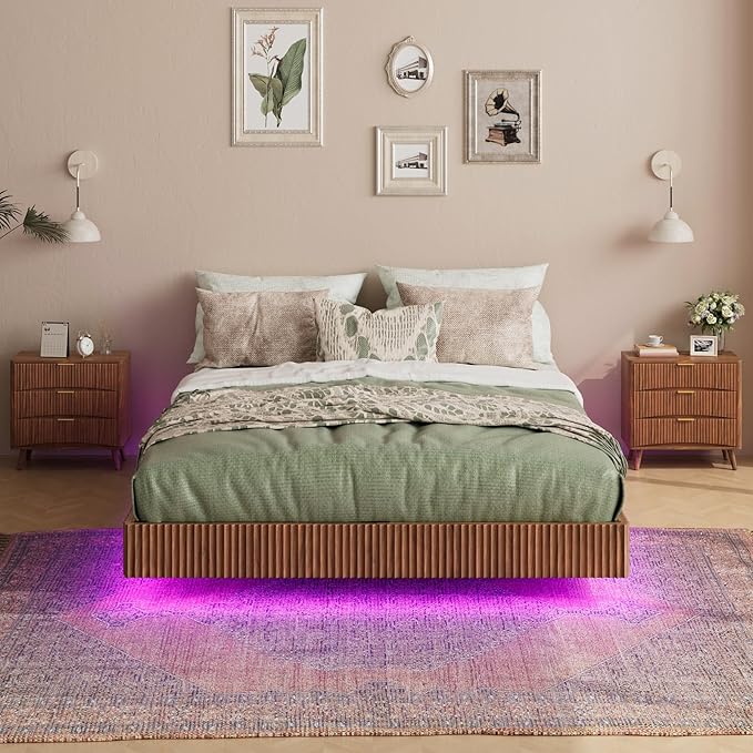Evermagin Walnut Full Floating Bed Frame with led Lights, Mid Century Modern Fluted Floating Platform Bed No Headboard, Heavy Duty Metal Float Bedframe, No Box Spring Needed