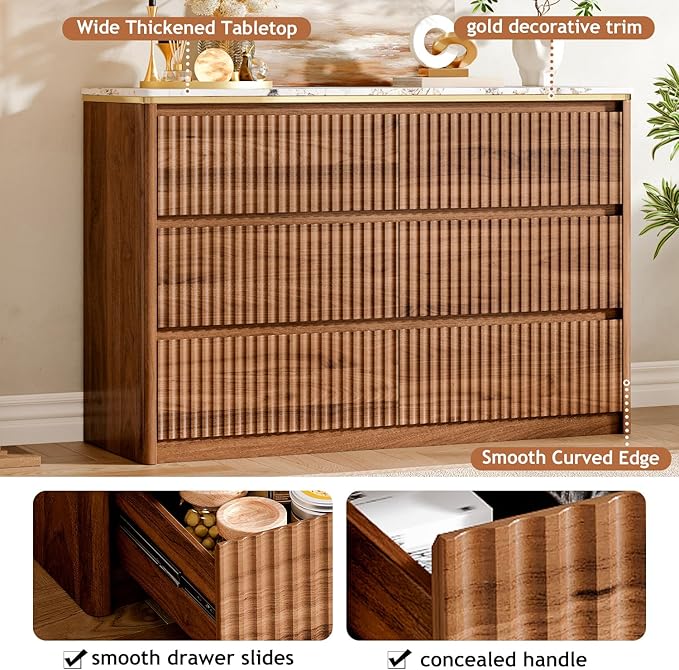 Fluted Dresser for Bedroom with 6 Drawers, 47.2" Modern Chest of Drawers with Faux Marble Top, Curved Profile Design,Dresser TV Stand, Wood Drawer Organizer for Living Room, Hallway, Walnut