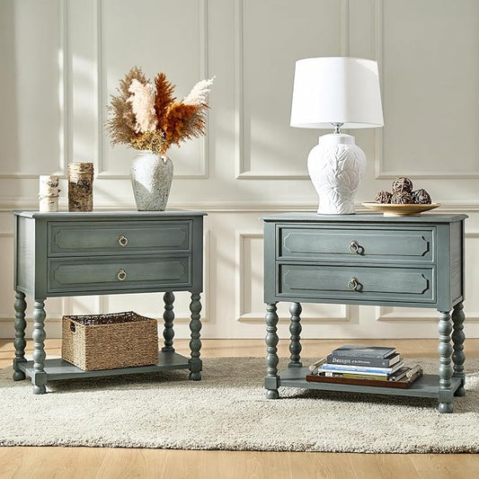 HULALA HOME Farmhouse Storage End Table Set of 2 with 2 Drawers and Open Shelf, Solid Wood Side Table with Spindle Legs, Nightstand with Charging Station (Blue)