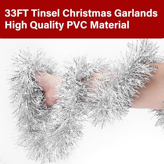 33FT Silver Tinsel Christmas Garland Metallic Twist Shiny Garland for Christmas Tree Decorations, Xmas Holiday Hanging Garland for Home Indoor Outdoor Party Supplies Decor (Silver, White)