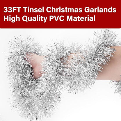 33FT Silver Tinsel Christmas Garland Metallic Twist Shiny Garland for Christmas Tree Decorations, Xmas Holiday Hanging Garland for Home Indoor Outdoor Party Supplies Decor (Silver, White)