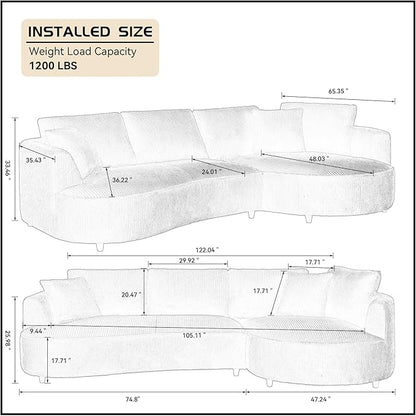 WILLIAMSPACE 122" Modern Curved Sofa Couch, Upholstery Oversized Cloud Sofa Couch with Chaise & Pillows, Right Hand Facing Sectional Couch for Living Room (Right-Facing,Green Corduroy)