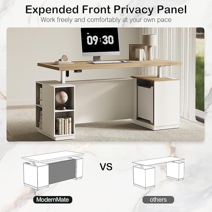 71" Standing Executive Desk with Privacy Panel, Large One-Piece Electric Height Adjustable Stand Up Office Desk with Charging Station, File Cabinet Storage, Home and Office, Light Walnut