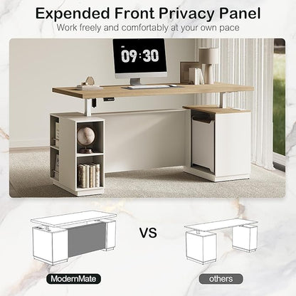 71" Standing Executive Desk with Privacy Panel, Large One-Piece Electric Height Adjustable Stand Up Office Desk with Charging Station, File Cabinet Storage, Home and Office, Light Walnut