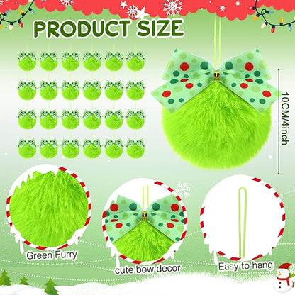 Norme 24-Pack Lime Green Furry Christmas Balls with Bow, 4" Soft Faux Fur Plush Pom Pom Ball Ornaments for Christmas Tree Hanging Decorations Party Fireplace Mantel Wall Decor(Green Polka Dots)