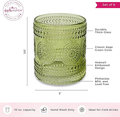 Kate Aspen Hobnail Beaded Floral Green Drinking Glasses Set of 6, (10 oz) Vintage Glassware Set Cocktail Glass Set, Juice Glass, Water Cups | Great Hostess Gift & Gift for New Home Owners