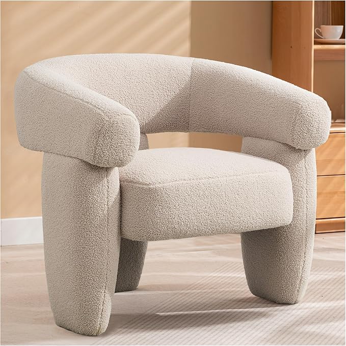 Mid Century Modern Accent Barrel Chair Comfy Upholstered Round Armchair with Montage Design, Sherpa Boucle Lounge Chair for Living Room Bedroom Apartment, Light Brown