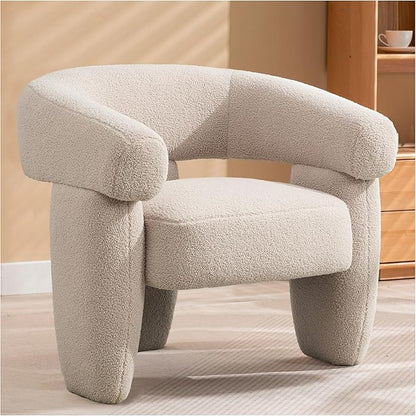 Mid Century Modern Accent Barrel Chair Comfy Upholstered Round Armchair with Montage Design, Sherpa Boucle Lounge Chair for Living Room Bedroom Apartment, Light Brown