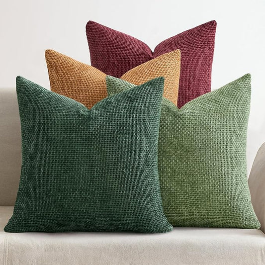 MIULEE Christmas Pack of 4 Throw Pillow Covers 18x18 Inch Christmas Dark Green Soft Decorative Chenille Pillow Covers Farmhouse Accent Cushion Cover for Boho Home Decor Bedroom Living Room