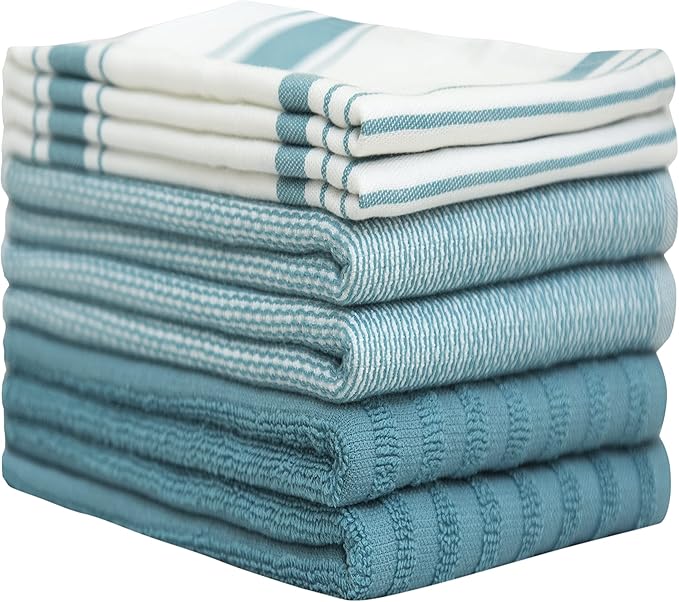 Premium Kitchen Towels 6 Pack Large Cotton Flat Terry Absorbent Tea Towels with Hanging Loop Aqua Striped 20x28