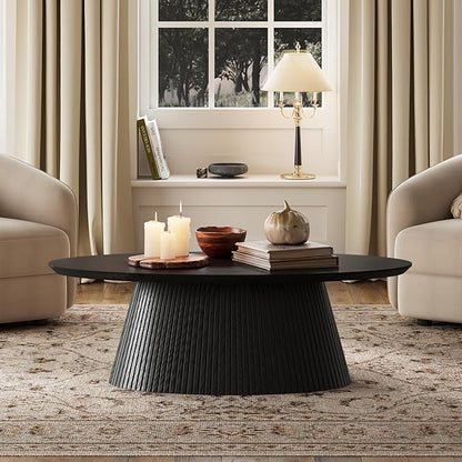 win2win Oval Coffee Table, Modern Coffee Table with Fluted Design, Minimalist Tea Table with Wood Grain Veneer, Small Funky Center Table for Living Room, Apartment, Office, Black