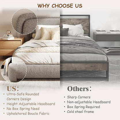 King Size Boucle Bed Frame, Cloud Upholstered Platform Bed with Height Adjustable Headboard & Soft Rounded Corners, No Box Spring Needed, Noise Free, Easy Assembly, Light Grey