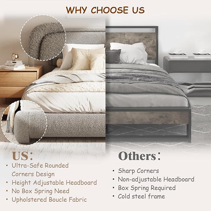 Queen Size Boucle Bed Frame, Cloud Upholstered Platform Bed with Height Adjustable Headboard & Soft Rounded Corners, No Box Spring Needed, Noise Free, Easy Assembly, Light Grey