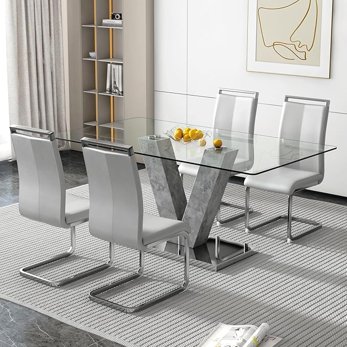 Dining Table Set, 5-Piece with 71'' Glass Table and 4 PU Leather Chairs, Ideal for Living Room Office, Grey