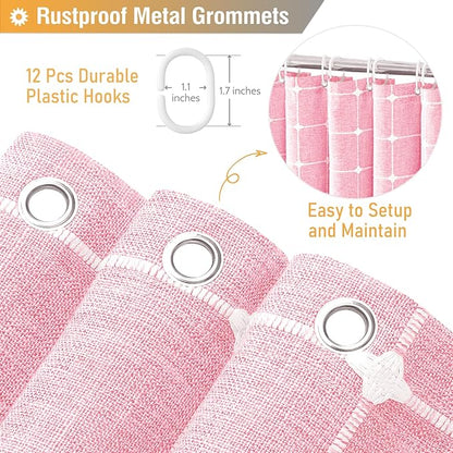 BTTN Boho Farmhouse Shower Curtain - Linen Rustic Heavy Duty Fabric Shower Curtain Set with Tassel, Water Repellent, Bohemian Vintage Country Thick Cloth Shower Curtains for Bathroom - Pink - 72x72
