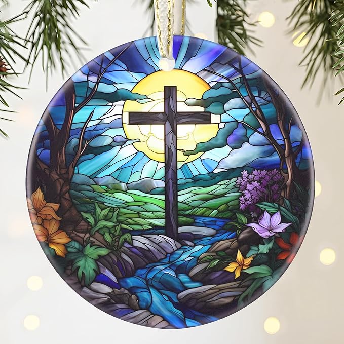 Cross 3.5 Inch Ceramic Christmas Hanging Ornament - Cross & River