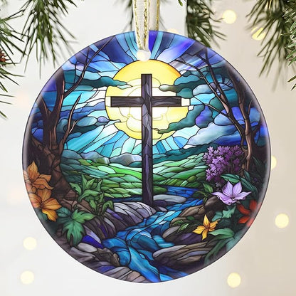 Cross 3.5 Inch Ceramic Christmas Hanging Ornament - Cross & River
