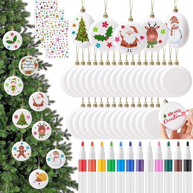 Syhood 36 Pcs 3.15'' DIY Christmas Blank White Ball Ornaments Set Plastic Matte Flat Discs Ornaments DIY Xmas Tree Decoration with Acrylic Paint Markers Gems Stickers for Crafts Party Decor