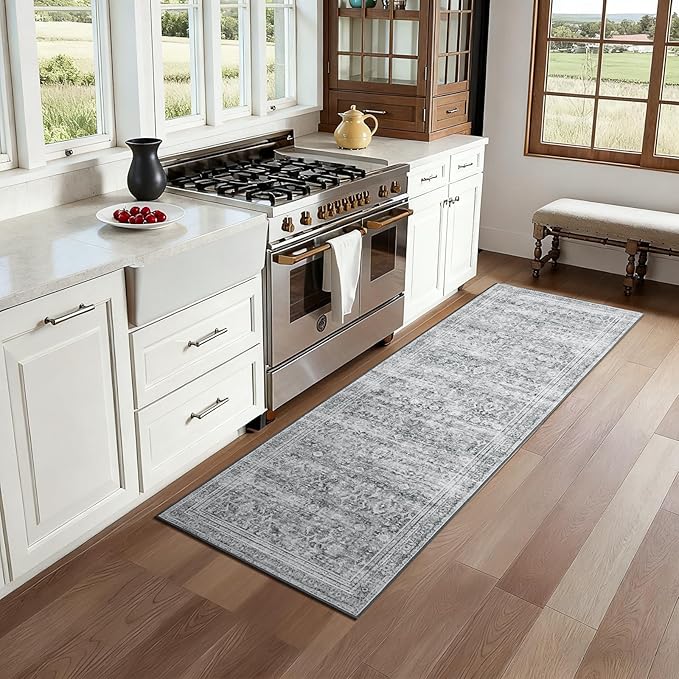 Lofus 2X 6 Runner Rug for Hallways,Grey Washable Runner Rugs with Non Slip Rubber Backing, Low Pile Soft Carpet Runner for Kitchen Bathroom Bedroom Laundry