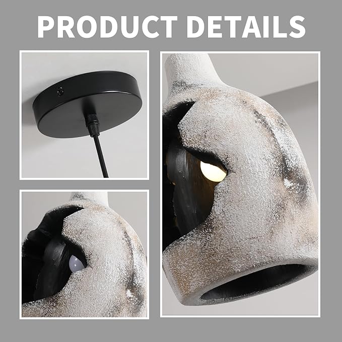 JAYMP Wabi Sabi Pendant Light for Dining Room Kitchen Island Hallway Farmhouse Hanging Lamp E26 Base Retroism Style Wine Bottle Shape Lighting Fixture (Antique White,C Shape, D26×H46cm)