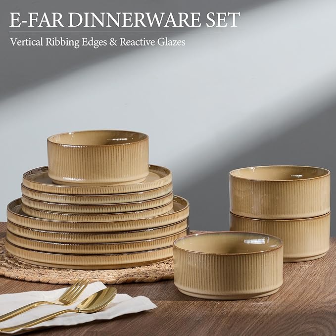 E-far Stoneware Dinnerware Sets, 18-Pieces Modern Plates and Bowls Sets, Kitchen Dinning Porcelain Dishes Set for 6, Chip & Scratch Resistant, Dishwasher & Microwave Safe, Caramel Khaki