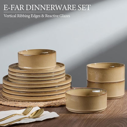 E-far Stoneware Dinnerware Sets, 18-Pieces Modern Plates and Bowls Sets, Kitchen Dinning Porcelain Dishes Set for 6, Chip & Scratch Resistant, Dishwasher & Microwave Safe, Caramel Khaki