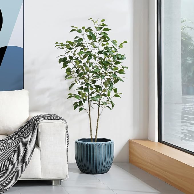 LuxenHome 11" Dia Ceramic Planters, Indoor Outdoor Large Plant Pots with Drainage Holes and Rubber Plug, Modern Glazed Decorative Flower Pots, Sea Green Ribbed Round Planters for Home Garden Patio