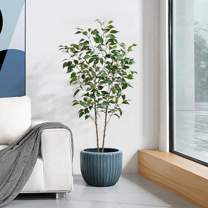 LuxenHome 11" Dia Ceramic Planters, Indoor Outdoor Large Plant Pots with Drainage Holes and Rubber Plug, Modern Glazed Decorative Flower Pots, Sea Green Ribbed Round Planters for Home Garden Patio