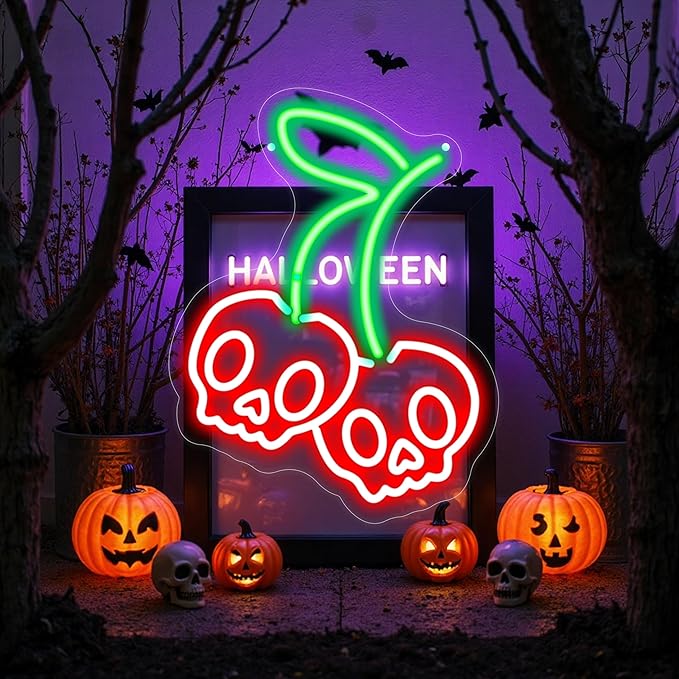 Cherry Skull Neon Sign, Gothic Neon Sign, Halloween Skull Lover Gifts, Skull Room Wall Decor for Man Cave Beer Bar Club Game Room Halloween Party Decor Gifts-Large-17.72IN
